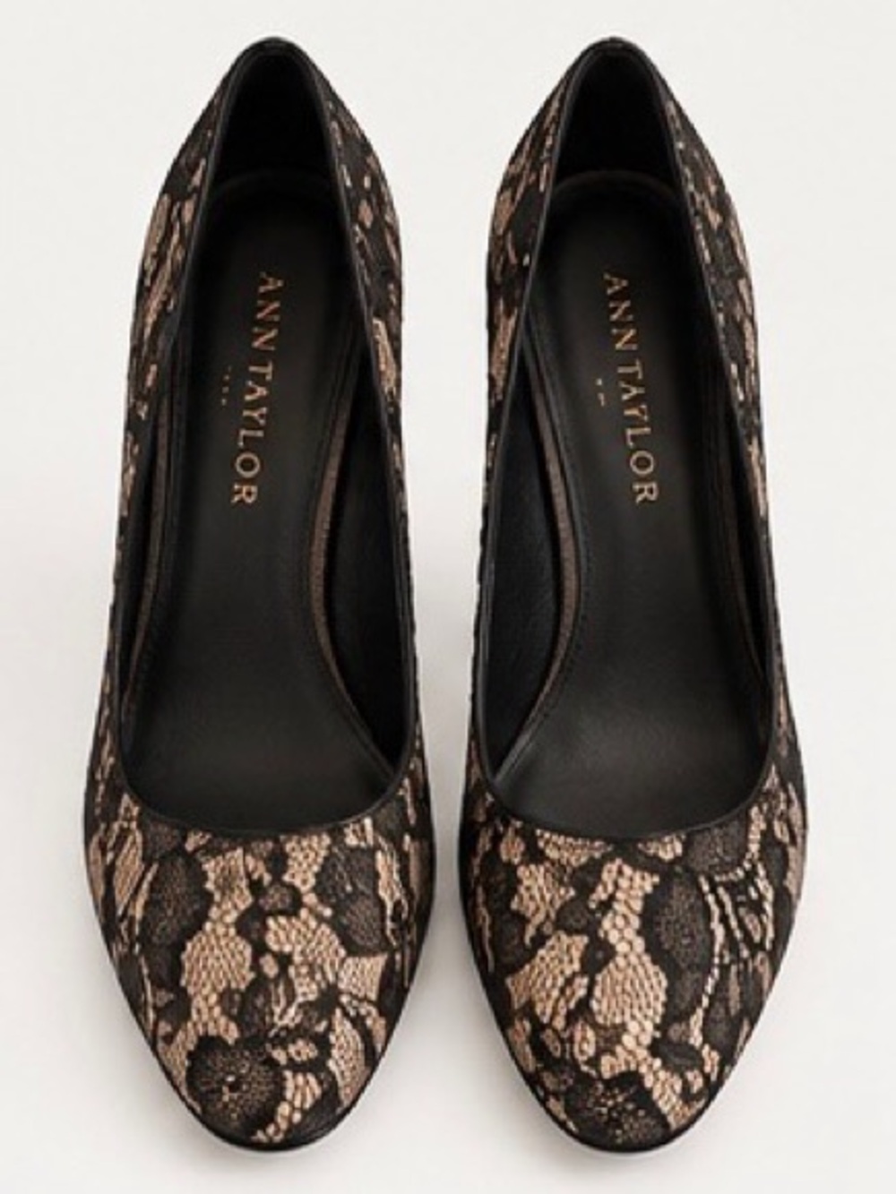 Ann Taylor Black and Beige Lace-Overlay Pumps